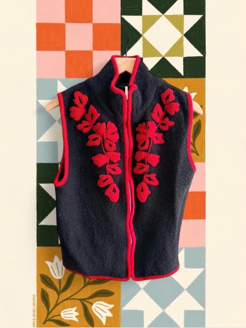 Tally Ho Black Wool Zip Vest with Red Floral Embroidery